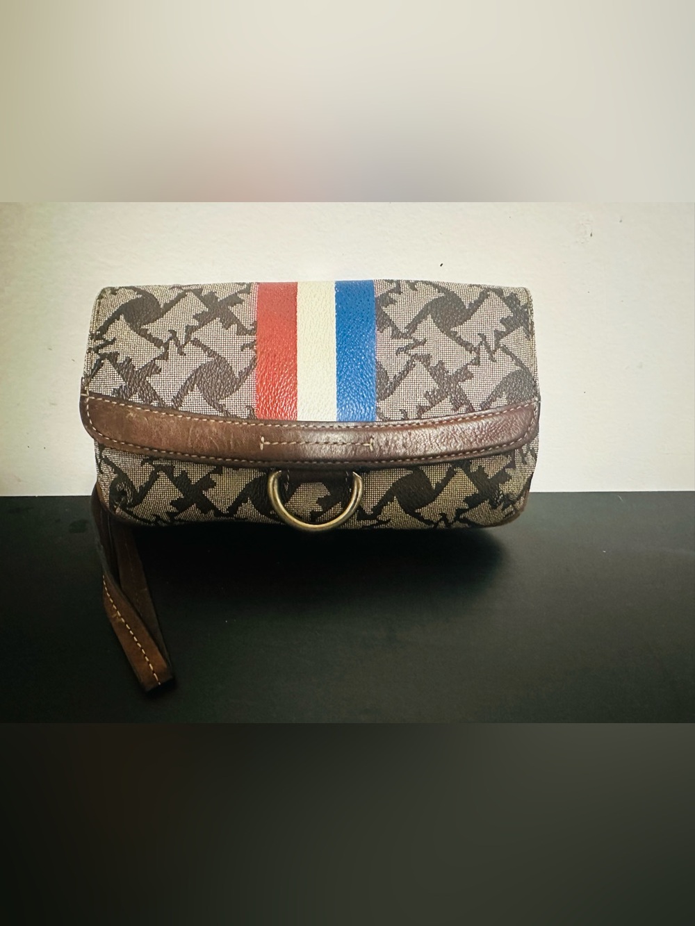 Vintage Juicy Couture Brown Logo Wristlet with Red-White-Blue Stripe